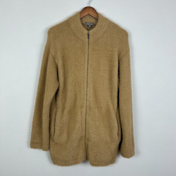 J CREW Point Sur Cardigan‎ Sweater Jacket Womens M Fuzzy Zip Up Oversized Camel - Picture 2 of 12